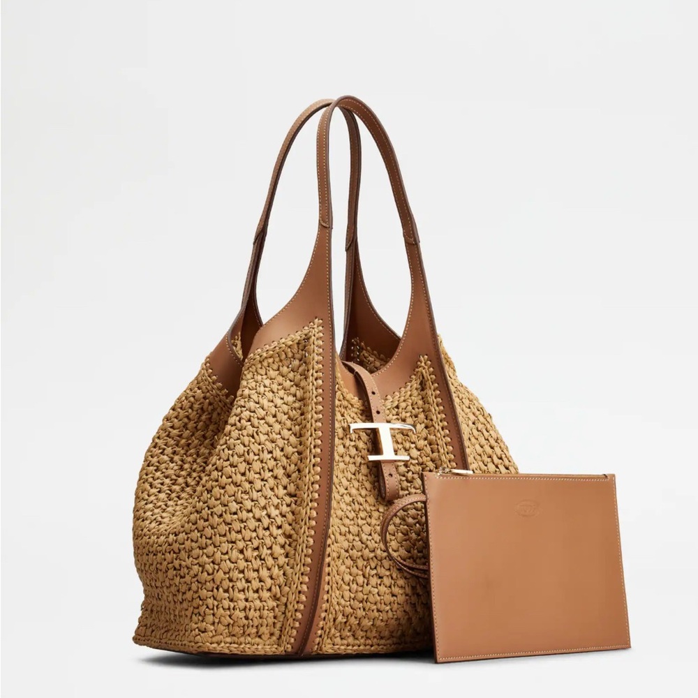 Tod's Tan Medium Raffia T Timeless Tote Shopping Bag - Picture 4 of 6